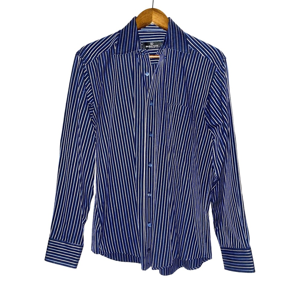 Bugatchi Uomo Classic Fit Navy Stripe Shirt Business Office Work Career Men M